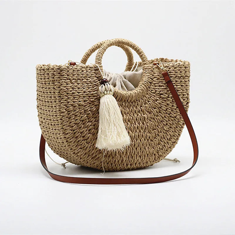H Straw Woven Bag Moon Woven Female Bag Shoulder Portable Dual-Use - Bellarte Enchanté H Straw Woven Bag Moon Woven Female Bag Shoulder Portable Dual-Use